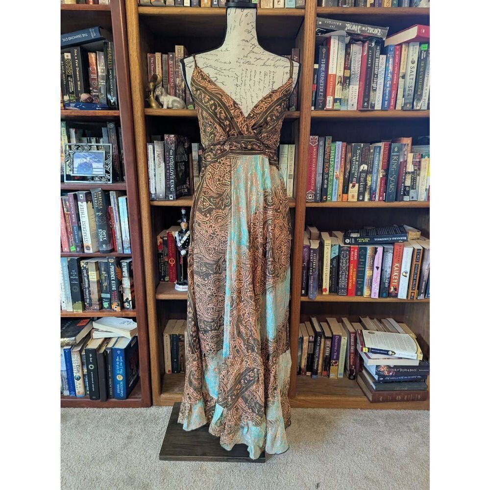 Vintage Women's Size XS Brown Blue Paisley Art Silk Printed Maxi Summer Dress